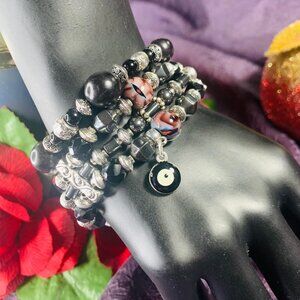 Evil Eye Charm, Buri Root, Black Agate, Hematite & Metal Bead Bracelet Set